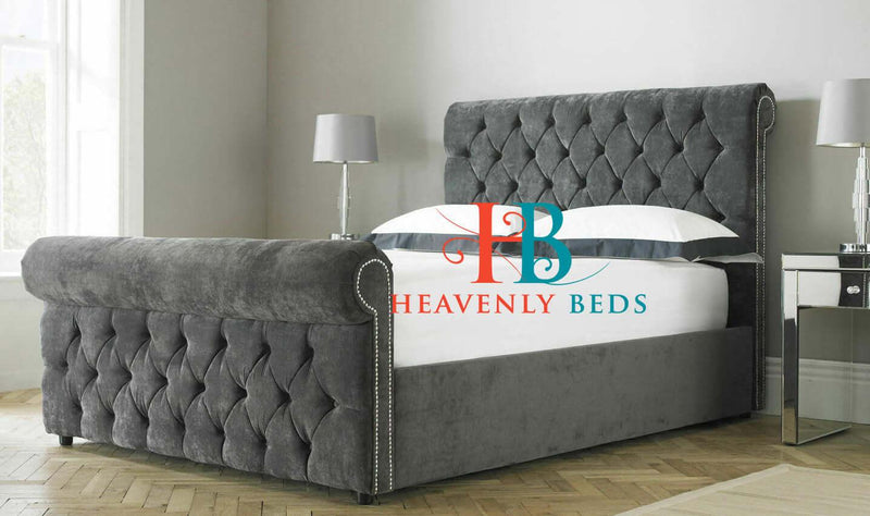Nina Upholstered Spanish Scroll Sleigh Bed Frame