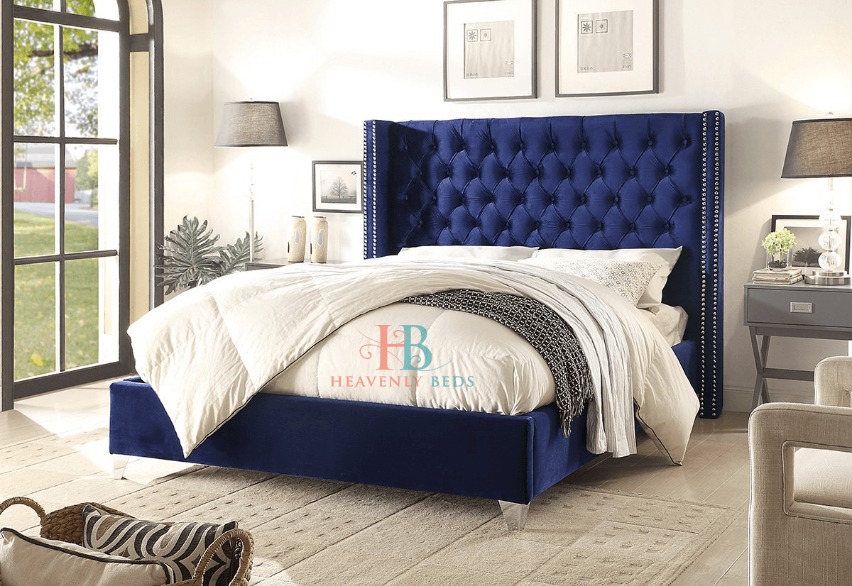 Wingback Bed Frame - 5ft Kingsize - Blue Plush Velvet + Storage