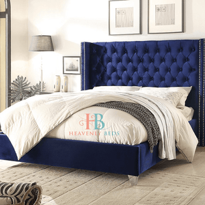 Wingback Bed Frame - 5ft Kingsize - Blue Plush Velvet + Storage
